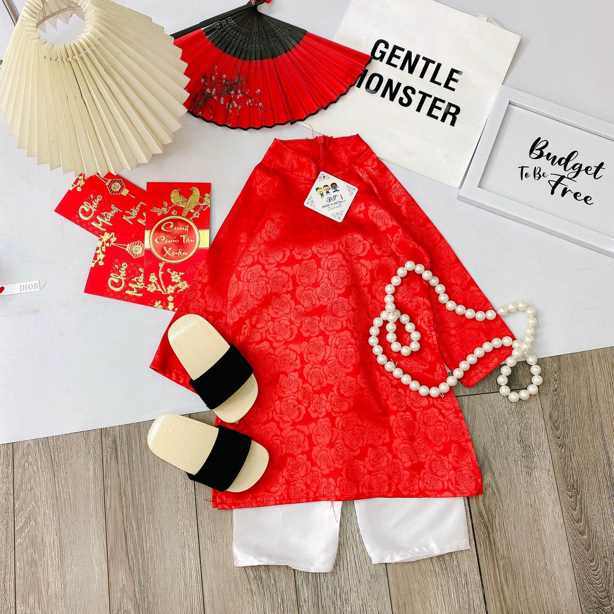 T2-set áo dài gấm hoa bé gái 9-20kg