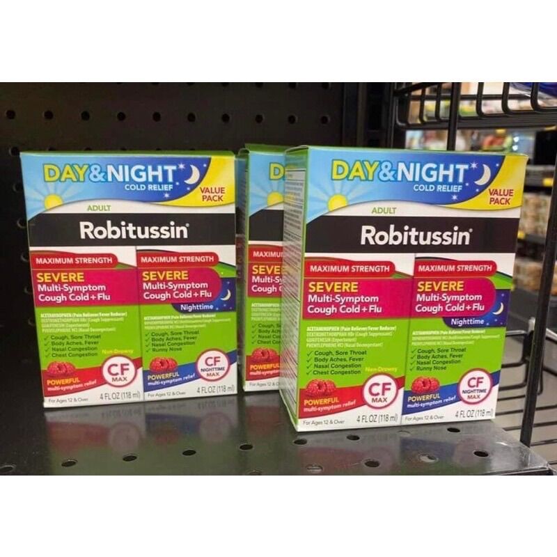 Robitussin Maximum Strength Severe Cough Cold + Flu Day & Night - Siro giảm ho rát họng ngày và đêm set 236ml