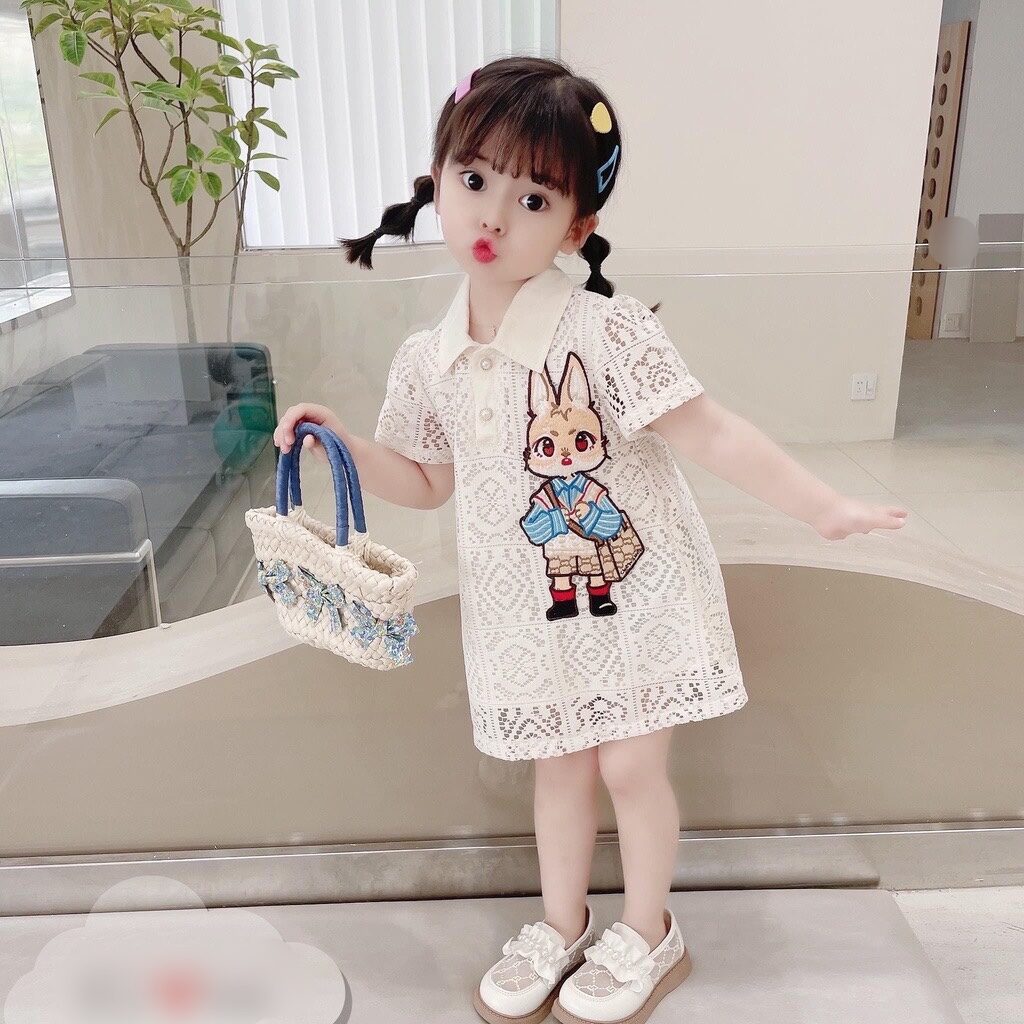 Váy bé gái -Váy ren mẫu hot hip của năm 2022 hình thêu thỏ siêu xinh cho bé gái