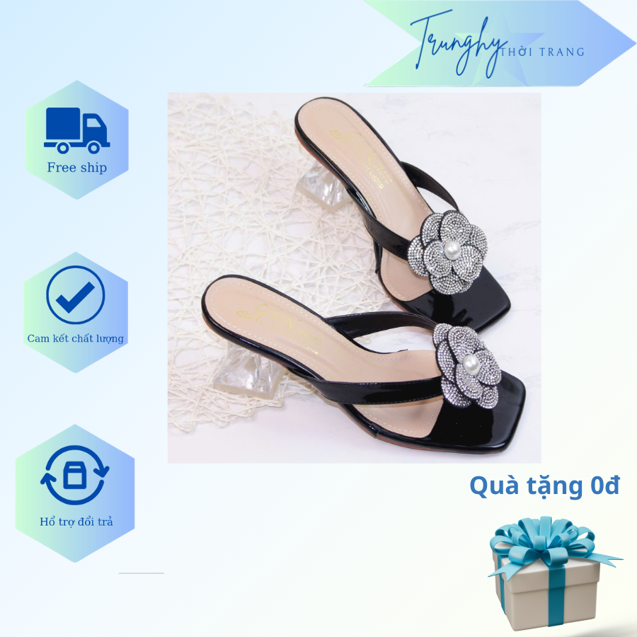 Dép cao gót nữ 7p, guốc cao gót xỏ ngón hoa đính đá lấp lánh mẫu mới 2024