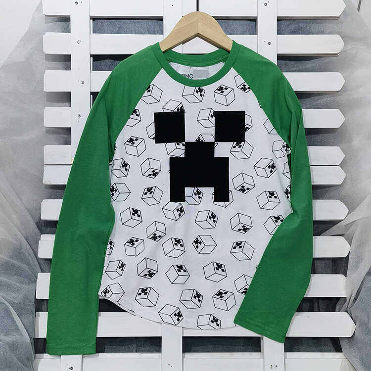 Áo Thun Dài Tay Cho Bé Trai Tuổi Teen My World Full Print Creeper Block Man Áo Thun Cotton Polyester Thoải Mái Mùa Xuân Thu