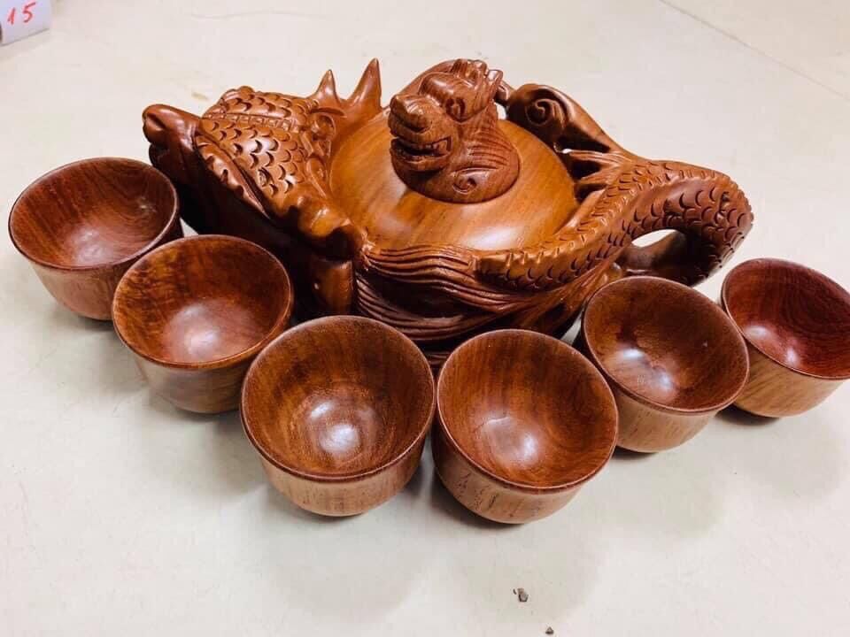 Bộ ấm chén rồng gỗ hương nguyên khối