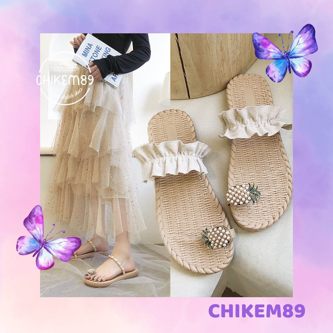 Dép nữ đế cói xỏ ngón dứa quai ngang bèo nhún dễ thương rẻ đẹp 2020 (DXN598)