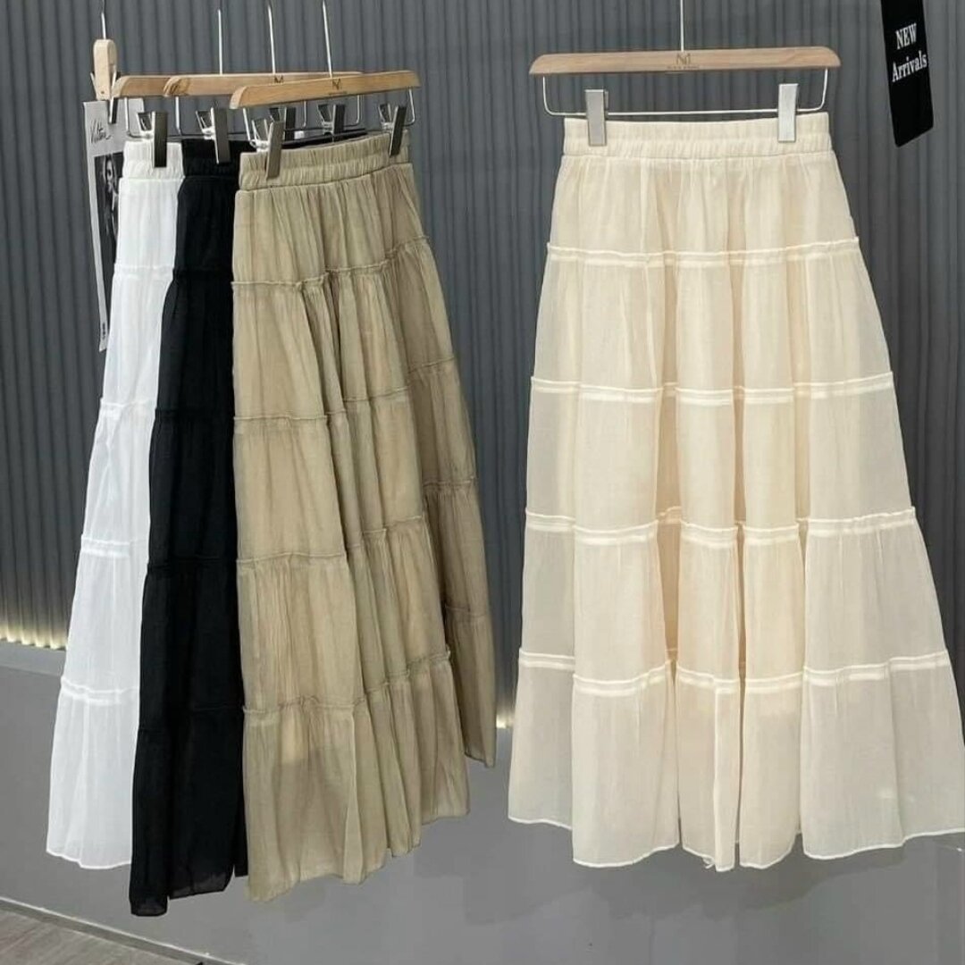 chân váy midi 5 tầng bèo nhún chất tơ