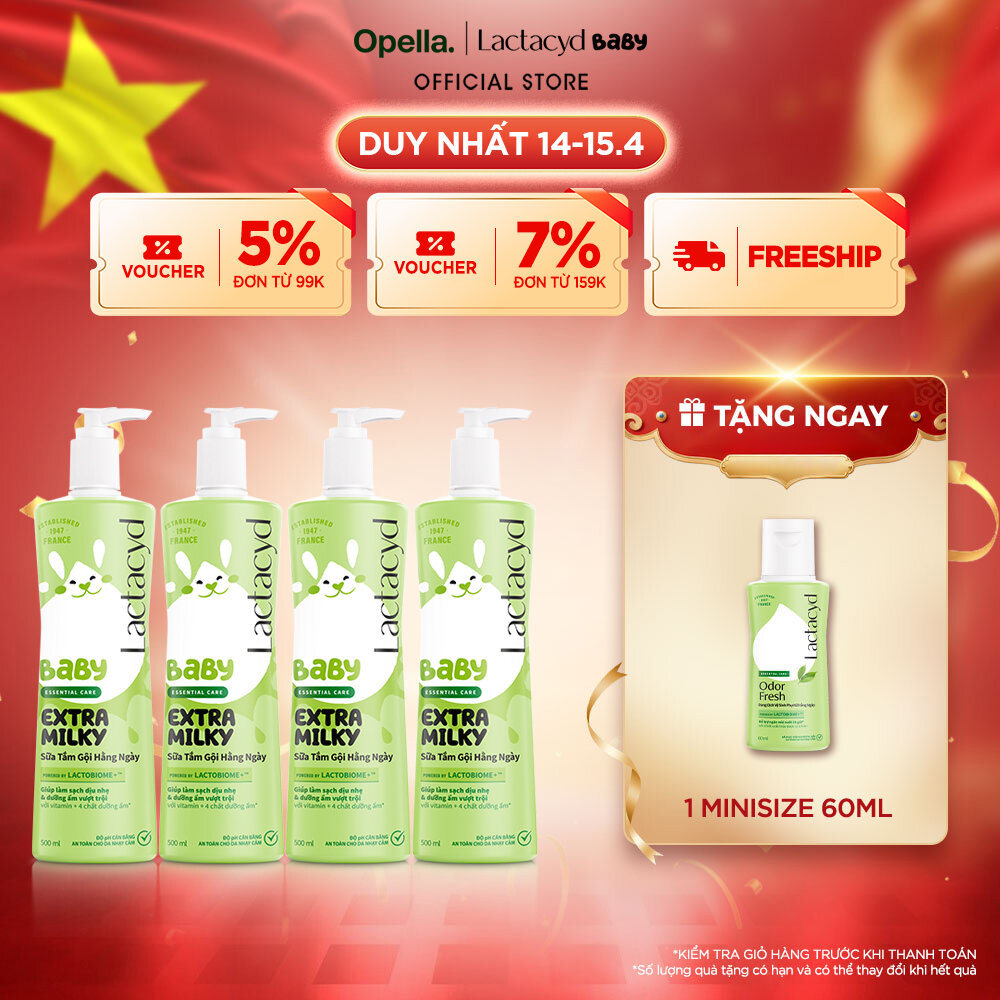 Bộ 4 chai Sữa Tắm Gội Trẻ Em Lactacyd Baby Extra Milky Làm Sạch Dịu Nhẹ và Dưỡng Ẩm Vượt Trội 500ml/chai