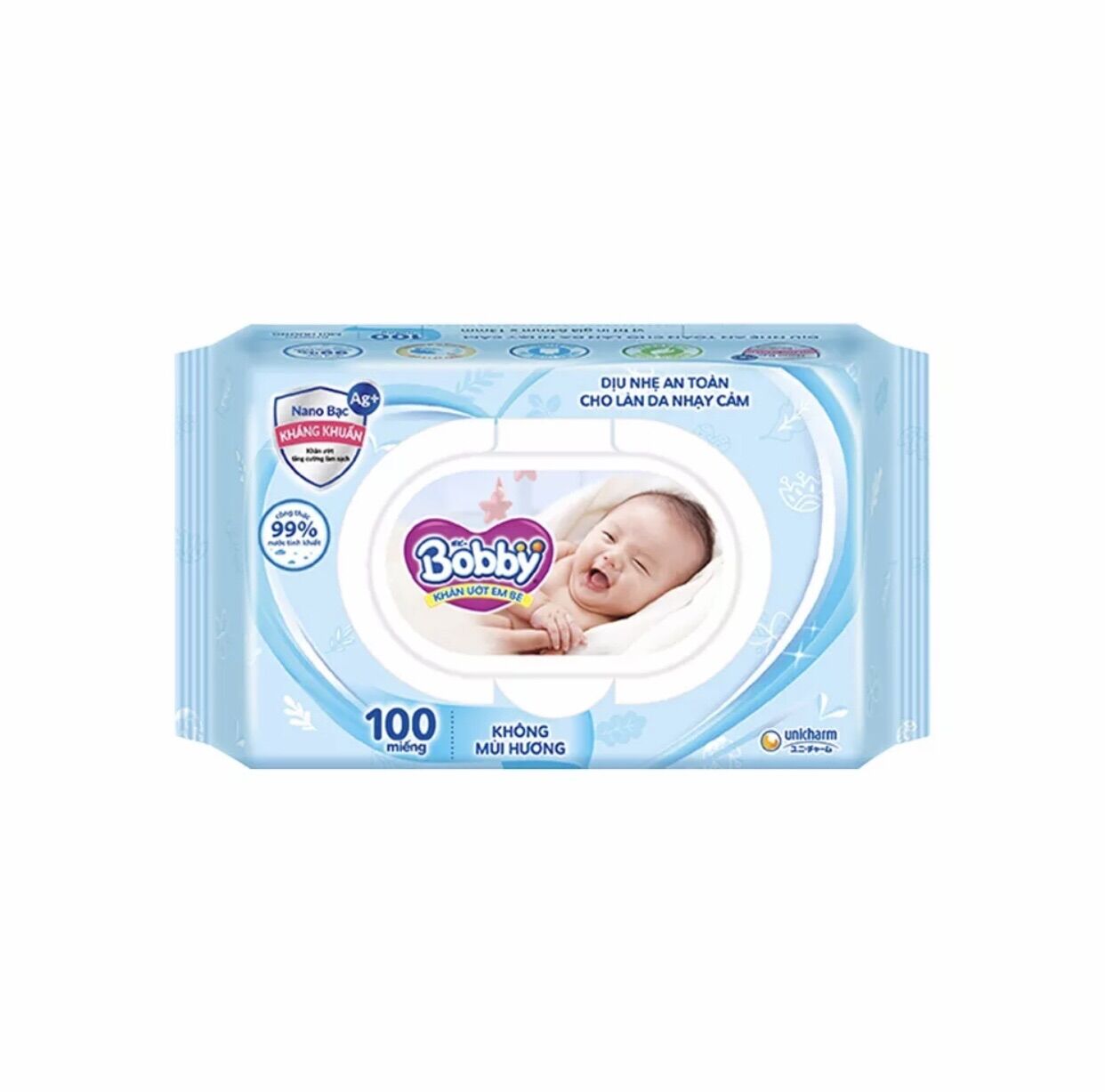 Khăn giấy ướt Bobby 100 miếng không mùi màu (xanh)