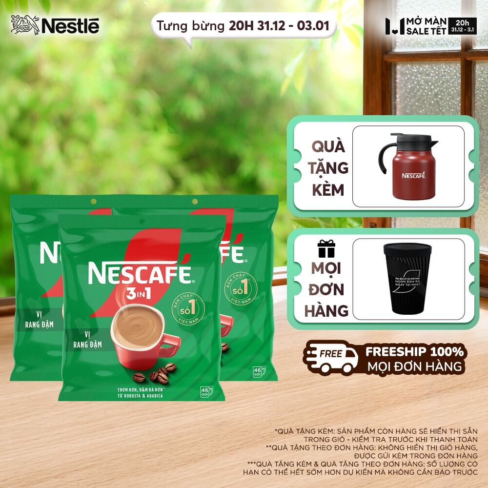 ƯU ĐÃI THÁNG 1 Giao hàng toàn quốc Combo 3 Bịch NESCAFÉ 3IN1 Công thức cải tiến - VỊ RANG ĐẬM Bịch 46 gói