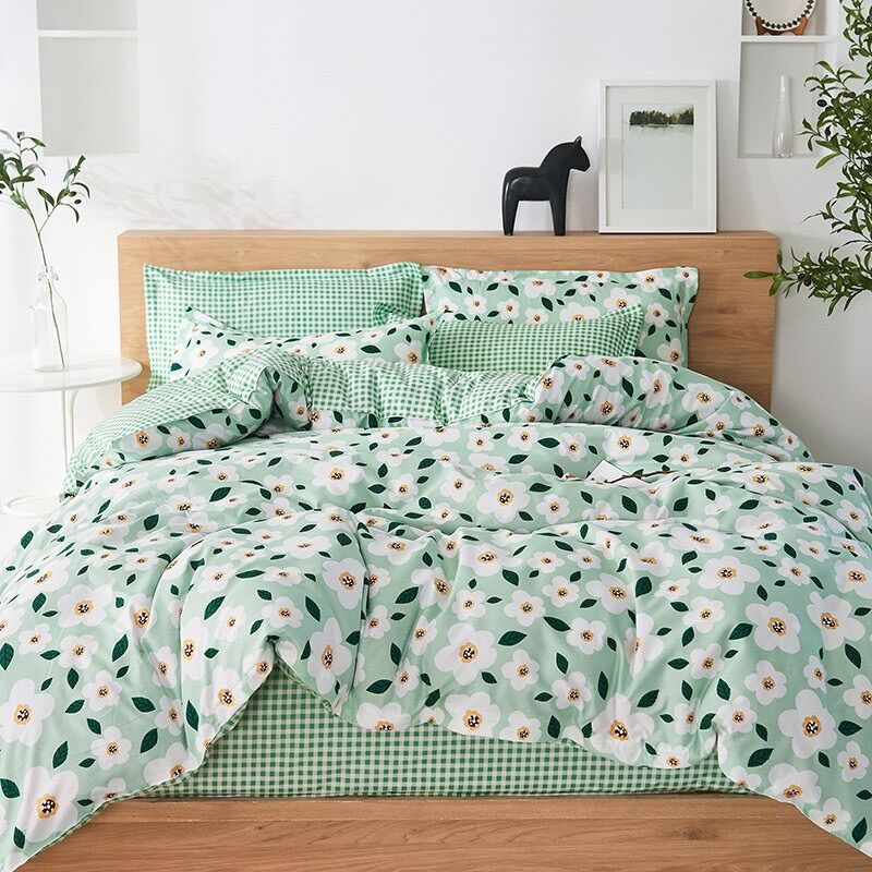 Bộ chăn ga gối cotton 3D hoạt hình 4 món: 1 vỏ chăn, 1 ga và 2 vỏ gối nằm mẫu hoa bèo COLADABEDING