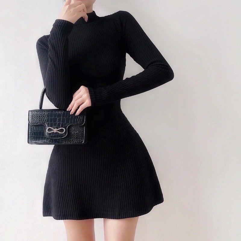 V102-Đầm cổ lọ tay dài dáng xoè Sam-collection⭐️Freeship