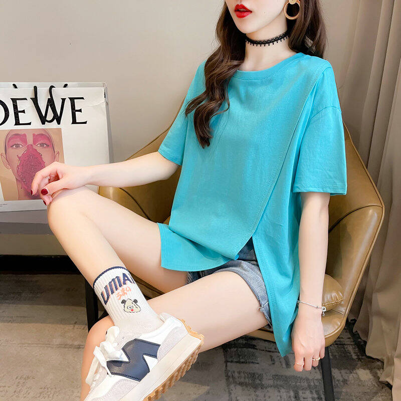 Trang Phục Nữ Cỡ Lớn Áo Thun Ngắn Tay Màu Trơn Mùa Hè Áo Cô Nàng Mập Dáng Gầy Che Bụng Cảm Giác Thiết Kế Xẻ Tà Mẫu Mới 2023 Cho Nữ