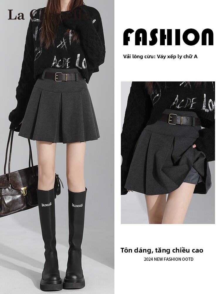 La Chapelle | Chân Váy A-Line Ngắn Xám Nỉ Xếp Ly Cao Waisted