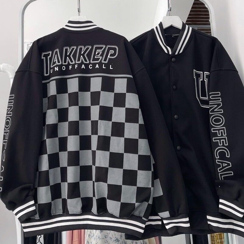 Áo Khoác Bomber Jacket Varsity Hoạ Tiết Caro Chất Nỉ Dạ Cao Cấp