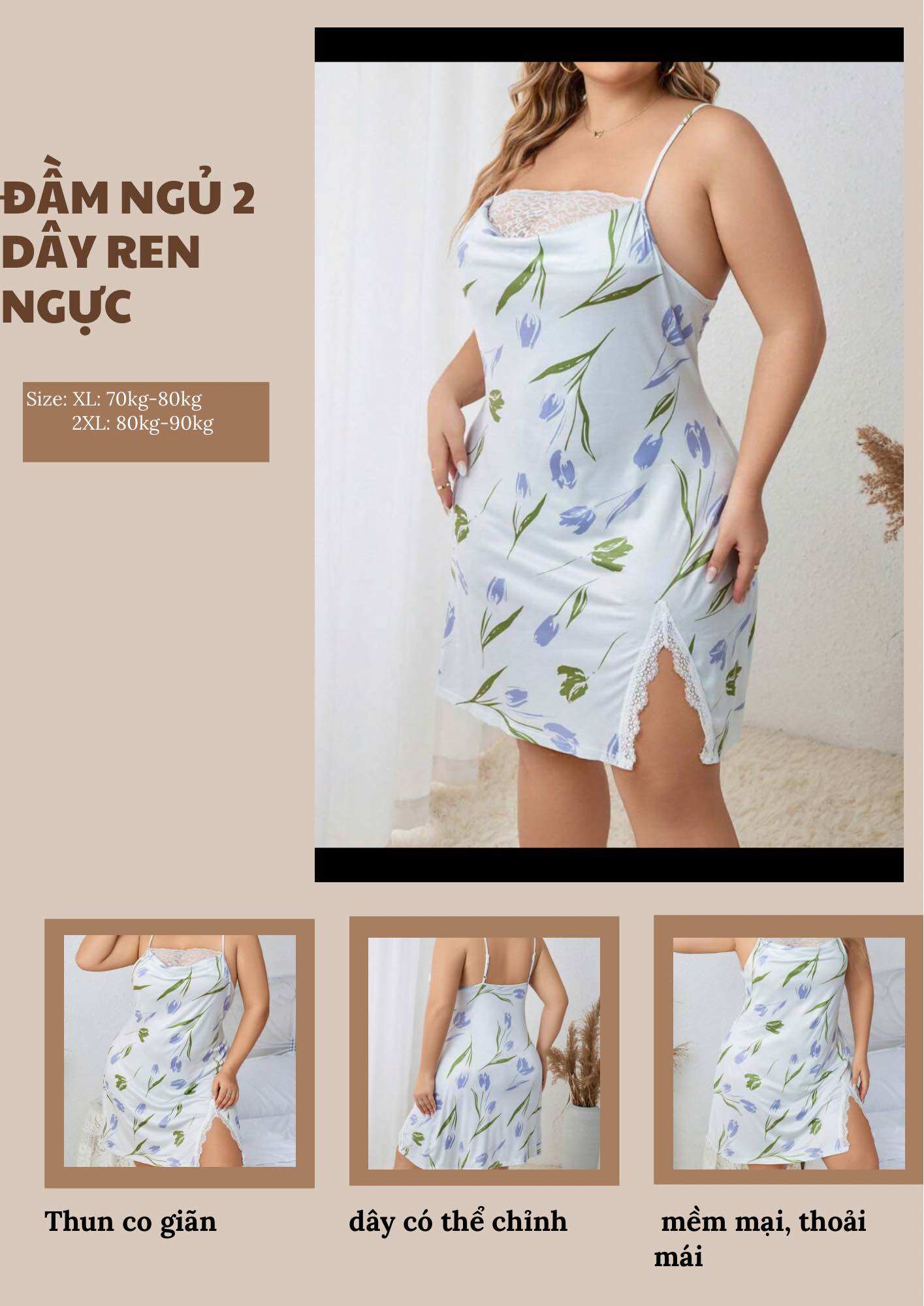 [Bigsize Xinh] Đầm 2 dây cổ đổ ren ngực vải thun mỏng