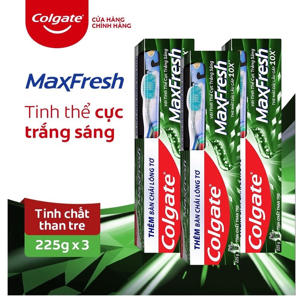 Bộ 3 Kem đánh răng Colgate Maxfresh than tre Bamboo Charcoal 225g/ tuýp kèm bàn chải