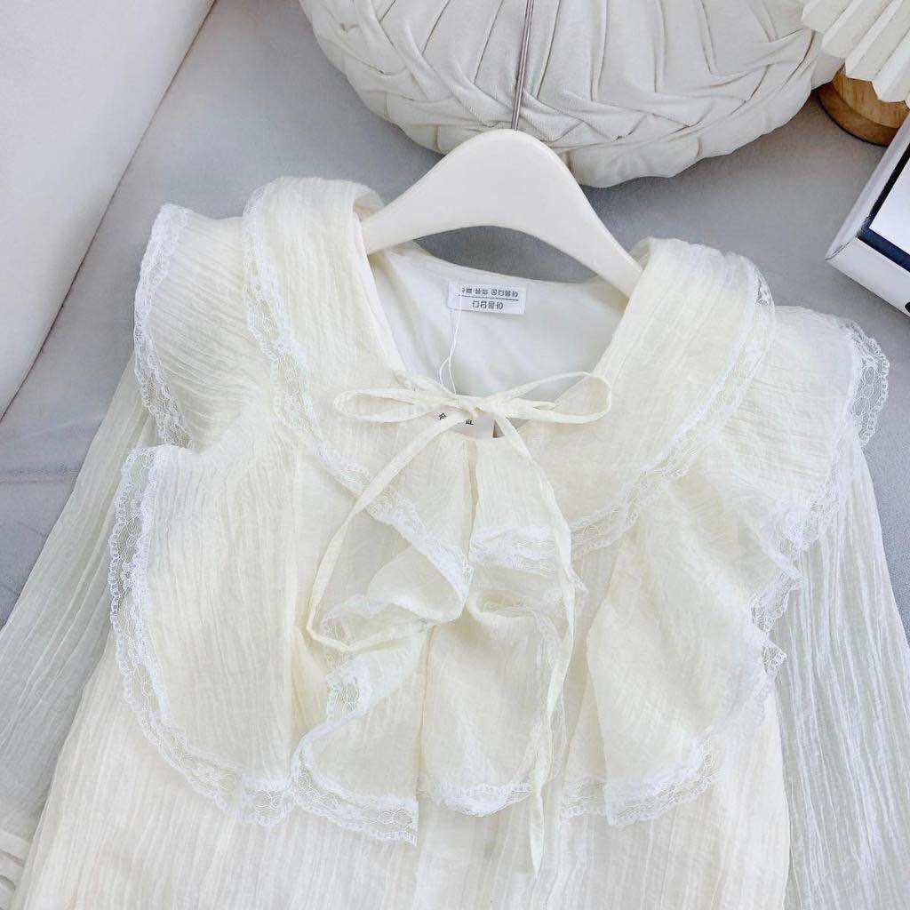 Áo Sơ Mi Voan Tơ Cổ Bèo Áo Kiểu Nữ Dài Tay Phong Cách Tiểu Thư Hàn Quốc Happyshoping ASM01