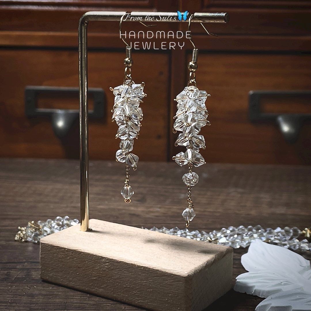 Set choker và khuyên tai nữ pha lê trong suốt dài, diy [Suli'sHandmade]