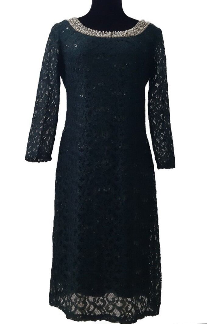 Đầm ren xanh sequin cổ đính ngọc SLNY