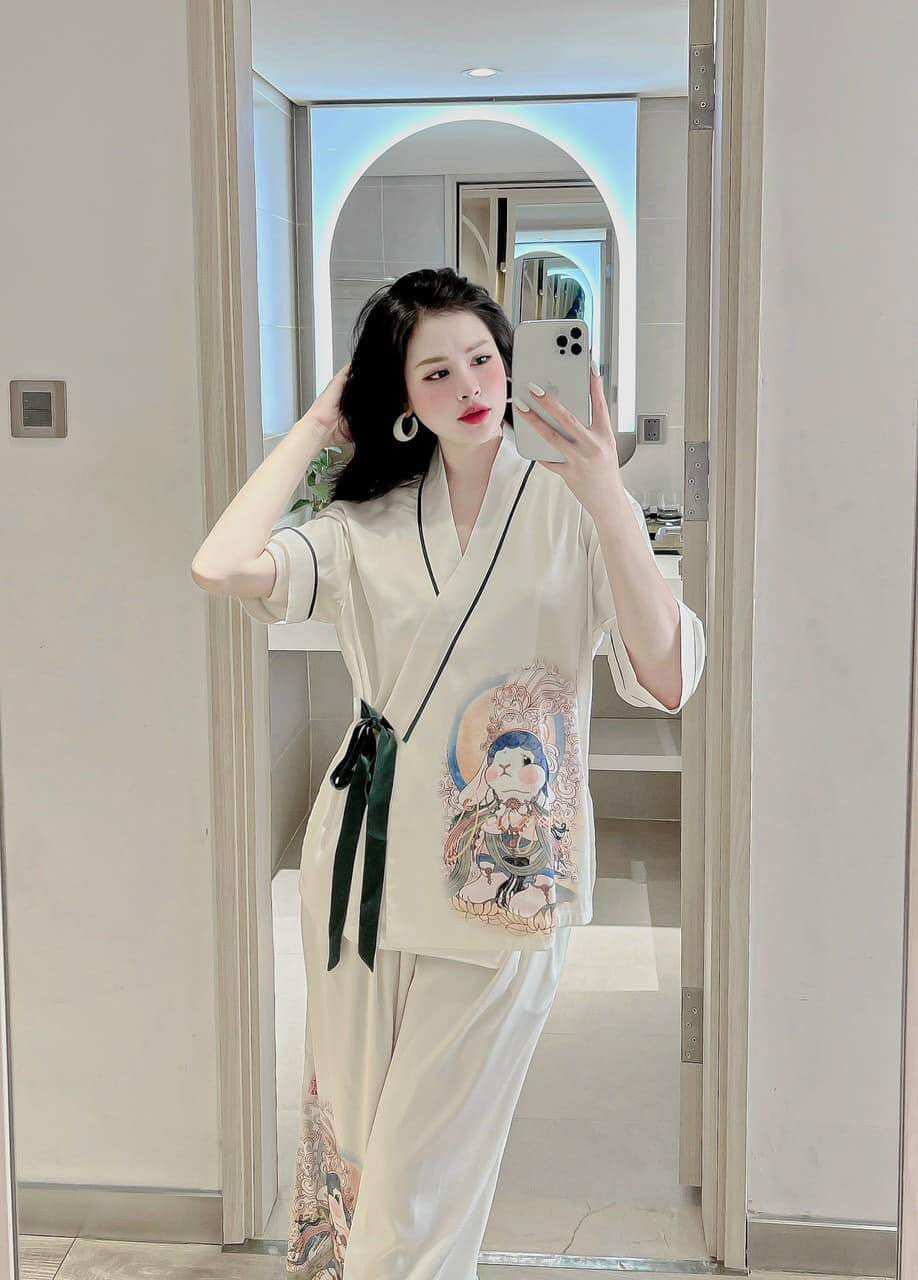 đồ bộ nữ pijama lụa xước kiểu dáng kimono dễ thương