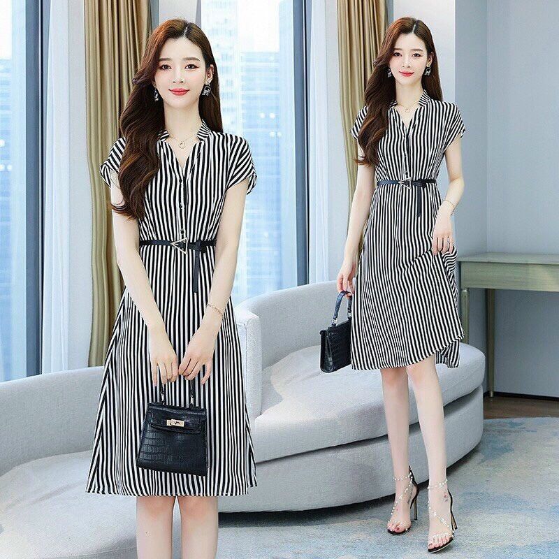 Đầm xoè sọc cổ trụ