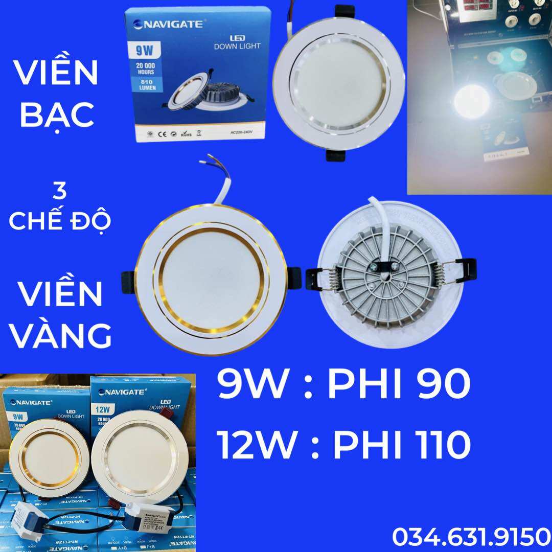 Đèn âm trần 9w - 12w viền vàng - viền bạc loại tốt đế nhôm 3 chế độ màu