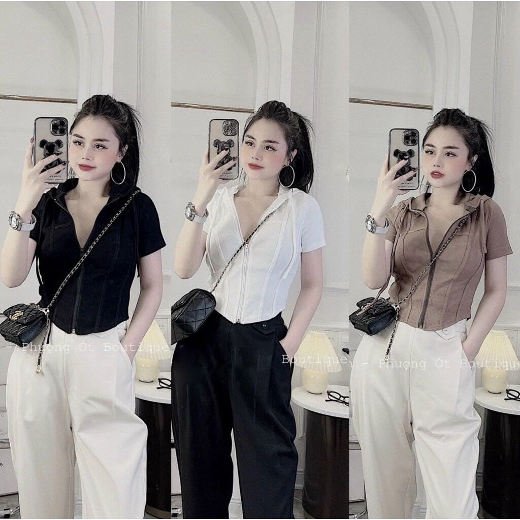 Áo croptop dây kéo có nón ngắn tay
