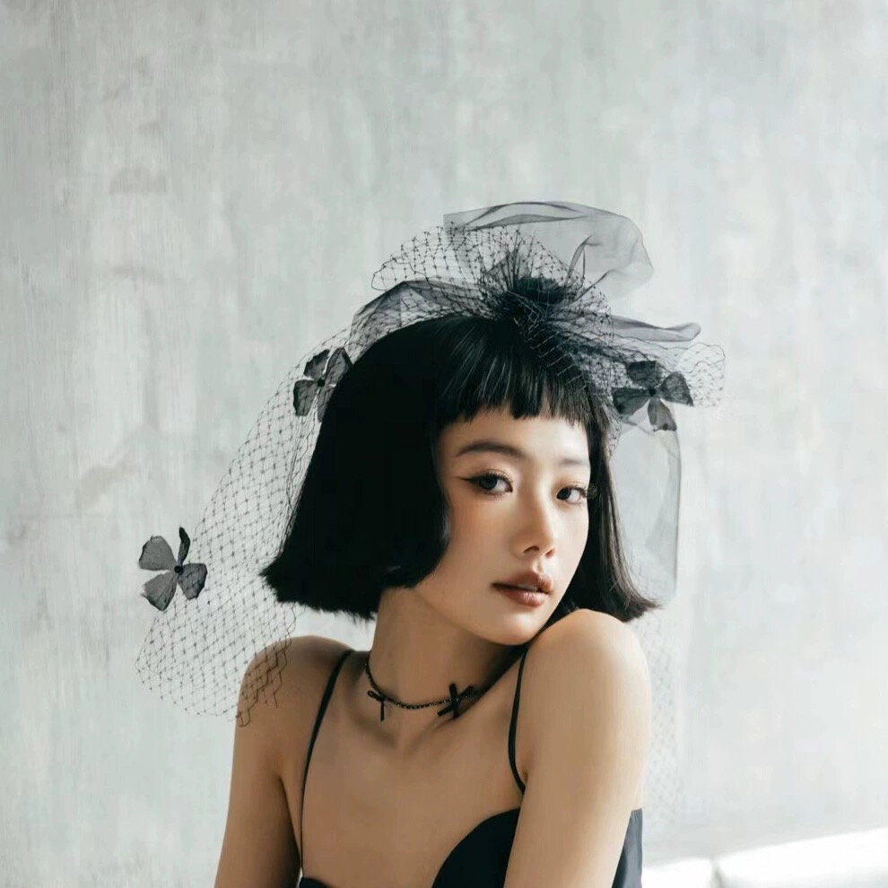 Màu Đen Lưới Mũ Trụ Cô Dâu Họa Tiết Hoa Ngắn Thiết Kế Chụp Ảnh Chống Đỡ Đám Cưới Đầm Phụ Kiện Thời T