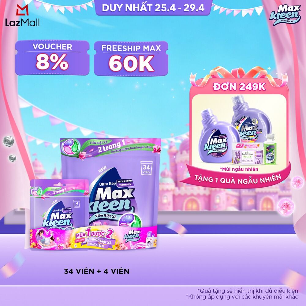 [TĂNG 4 VIÊN, GIÁ KHÔNG ĐỔI] Túi Viên Giặt Xả MaxKleen Huyền diệu/ Ngày Thư thái/ Dấu ấn ngọt ngào (34 viên/ túi)