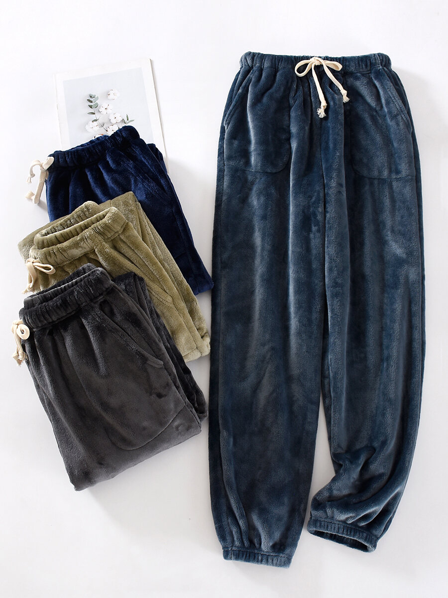 Nam Mùa Đông Dày Dặn San Hô Lông Cừu Đồ Ngủ Cao Vòng Eo Chân Thẳng宽松 Nhà Thoải Mái Quần Dây Rút Đóng Cửa