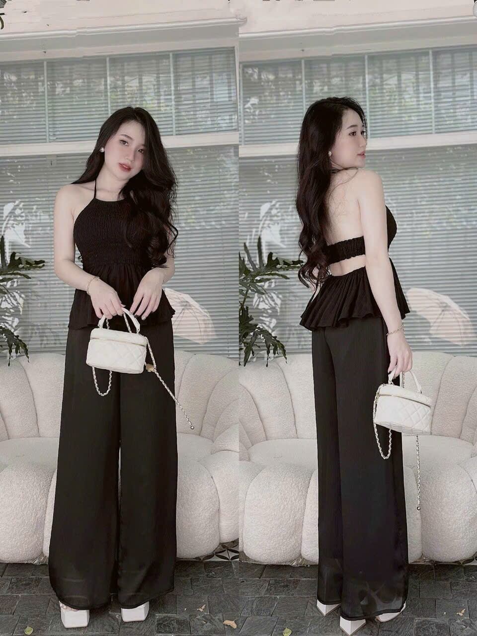 Set áo cổ yếm tùng xòe phối quần suông dài