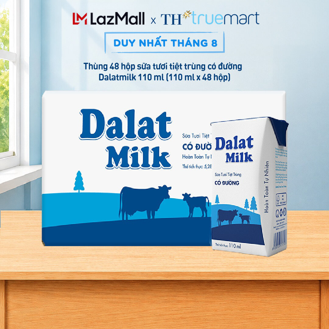 Thùng 48 hộp sữa tươi tiệt trùng Dalatmilk có đường 110 ml (110 ml x 48)
