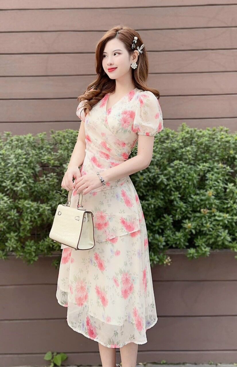 Đầm voan hoa xếp li tay phồng eo che bụng freesize 46-55kg