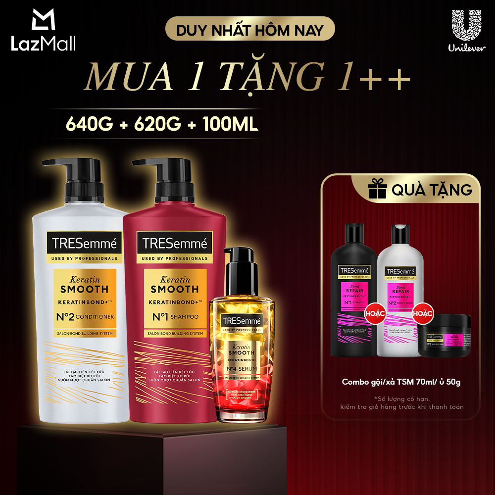 [TẶNG SẤY] Combo Dầu Gội, Dầu Xả, Serum TRESemmé Keratin Smooth Keratinbond+ 640g, 620g, 100ml Cho Tóc Khô Xơ Rối Vào Nếp Suôn Mượt