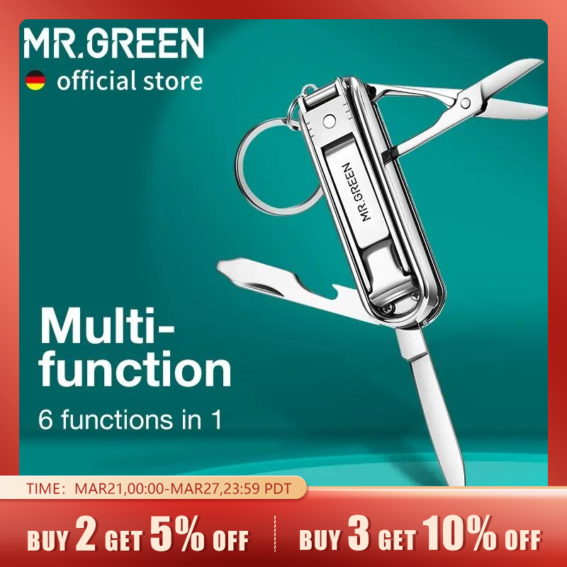 Mr. màu xanh lá cây đa chức năng cắt móng tay Sáu chức năng tập tin móng tay mở chai nhỏ cắt kéo cắt móng tay thép không gỉ