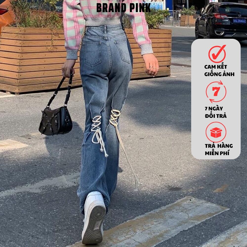 Quần jean nữ thắt nơ kiểu cách street style lưng cao ống loe thời trang