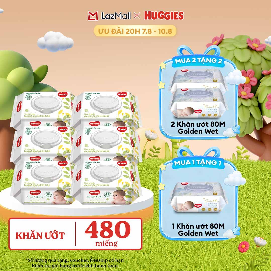 [20h 7-10.8 GIẢM THÊM 90K] Combo 6 gói Khăn giấy ướt cho trẻ sơ sinh HUGGIES 80 miếng không mùi