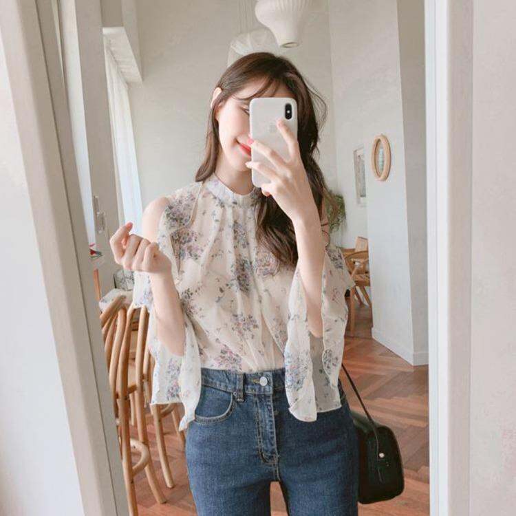 Áo Chiffon Chất Lượng Hoa Nhí Kiểu Pháp, Áo Sơ Mi Thiết Kế Thiểu Số Vai Loj Cảm Giác Tiểu Kế Rộng Rãi Kiểu Tây Cho Nữ, Áo Mỏng Xuân Hè