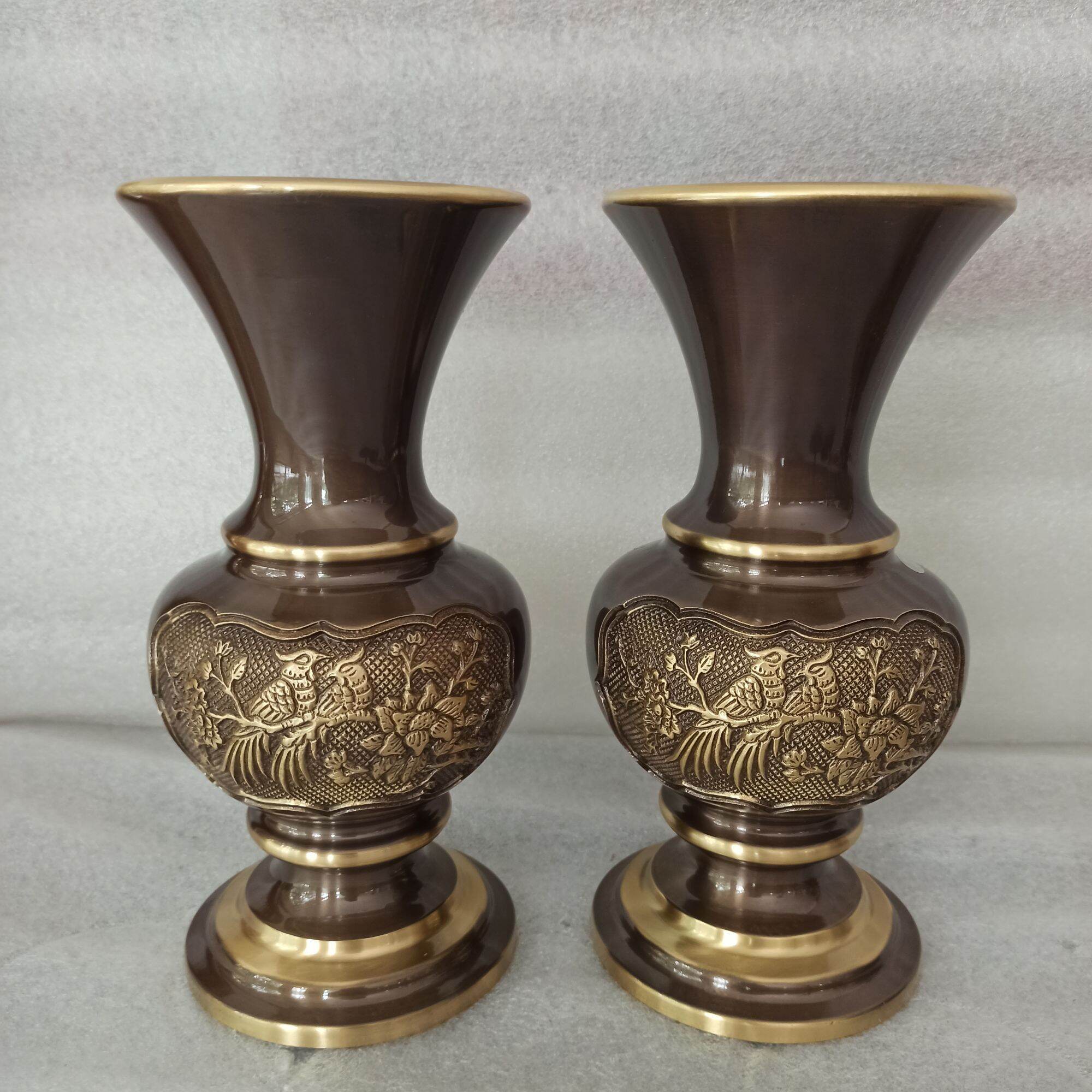 Lọ hoa đồng thờ cúng, bình hoa bằng đồng màu Hun giả cổ hai công nghệ cao 26cm, hàng đẹp