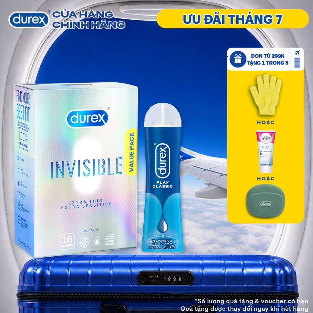 Combo Durex Invisible siêu mỏng hộp 16 bao và Gel bôi trơn Durex Play Classic chai 50ml