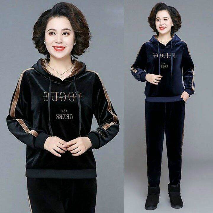 Bộ đồ nhung nữ phối nón thêu chữ cao cấp