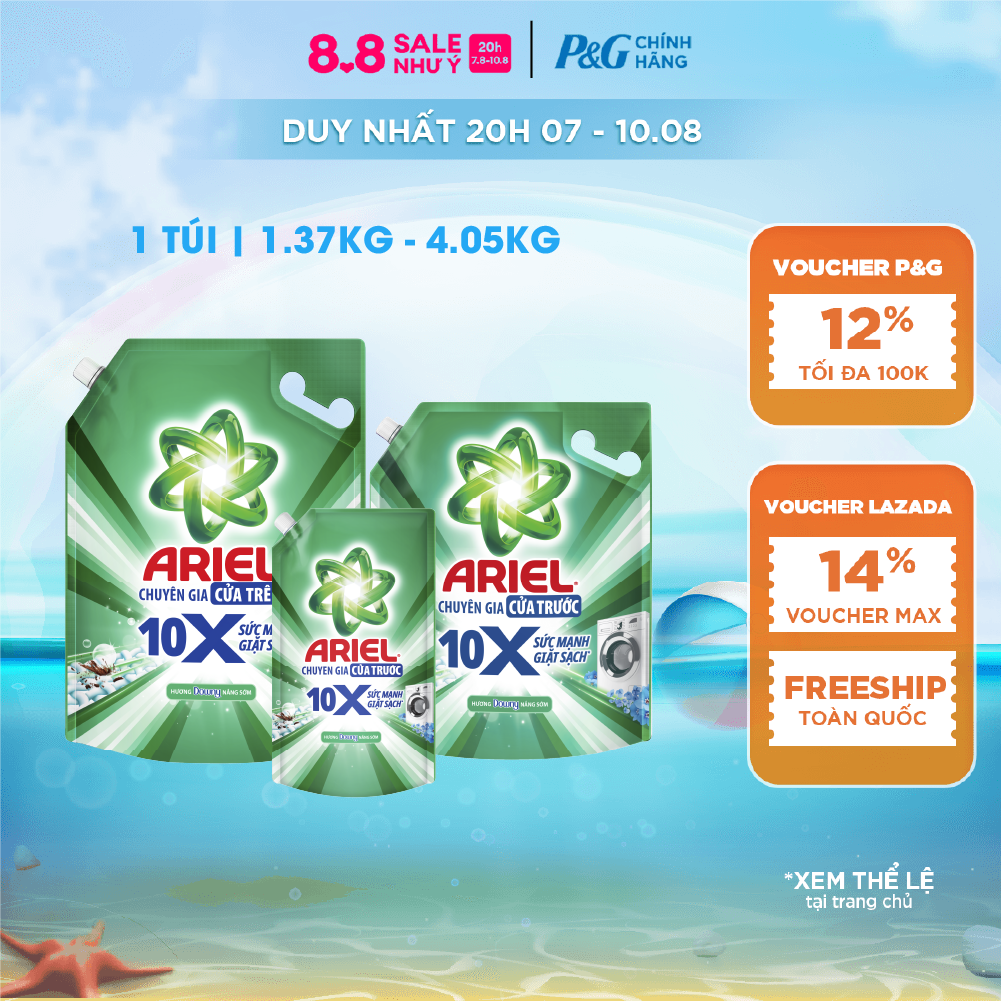[Xu 17%] Nước Giặt Gel ARIEL 10X Sức Mạnh Giặt Sạch Chuyên Gia Cửa Trước - Cửa Trên Hương Downy Nắng Sớm Túi 1.37-4.05KG