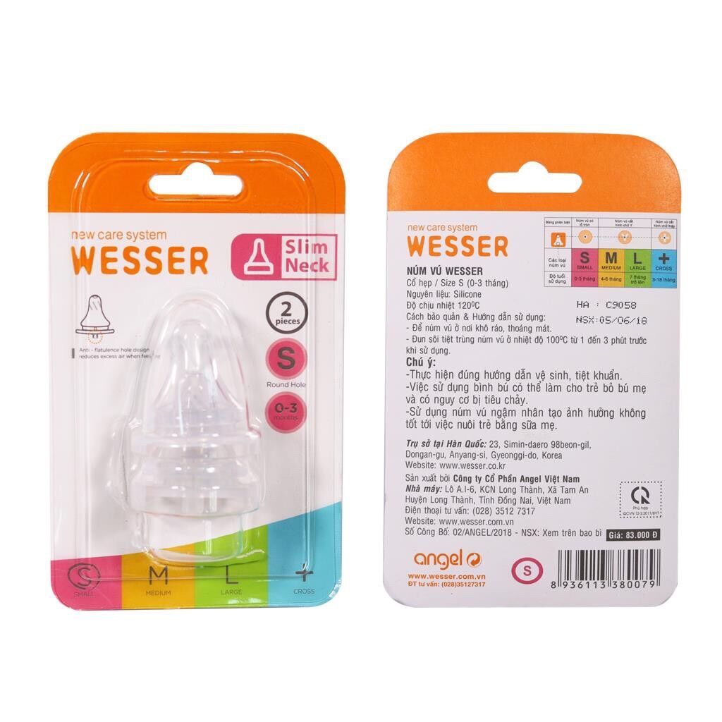 Núm Vú Wesser silicone Cổ Hẹp cho bé Size S M L+