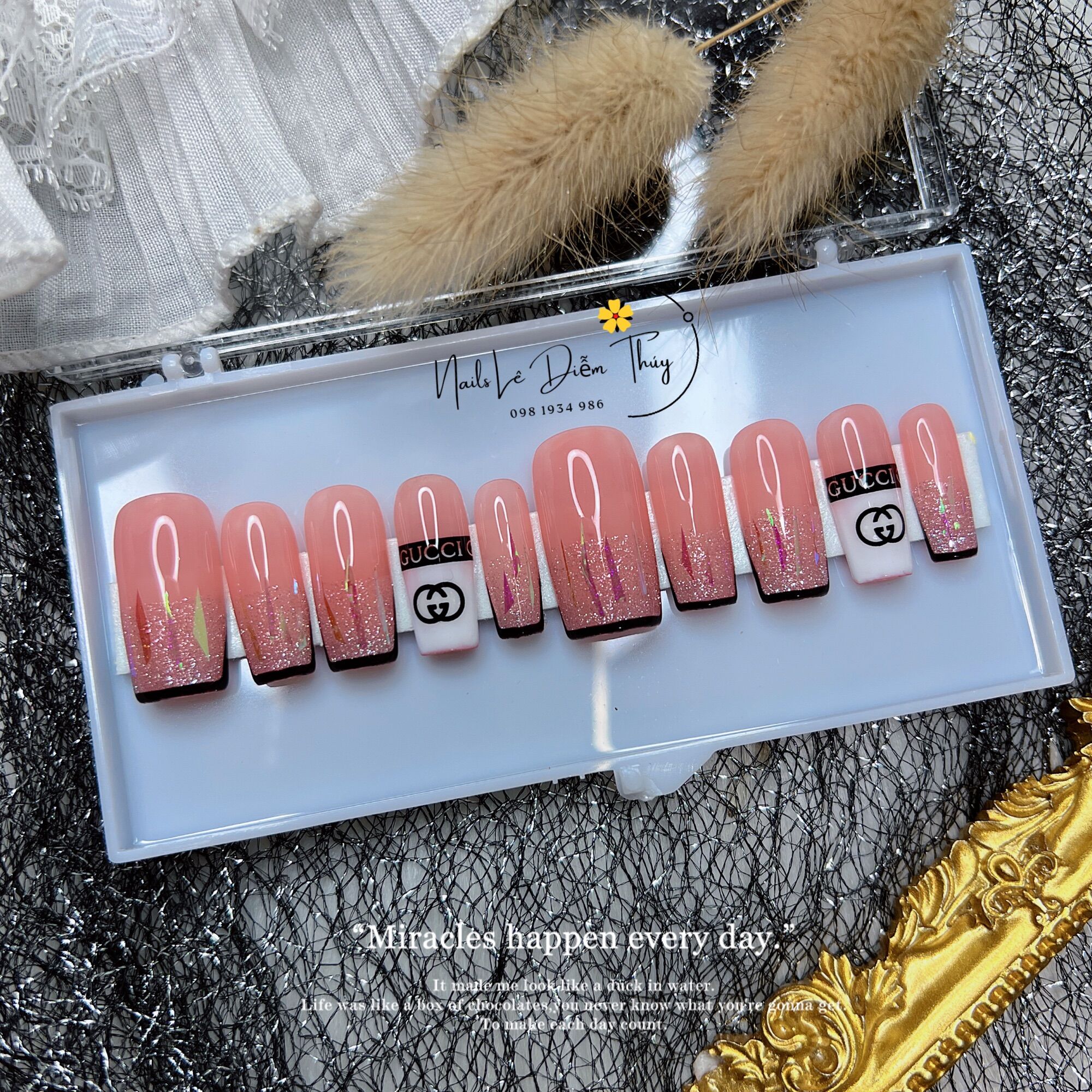 Nail Box design Nail Box pink rhinestones hears nail tip
