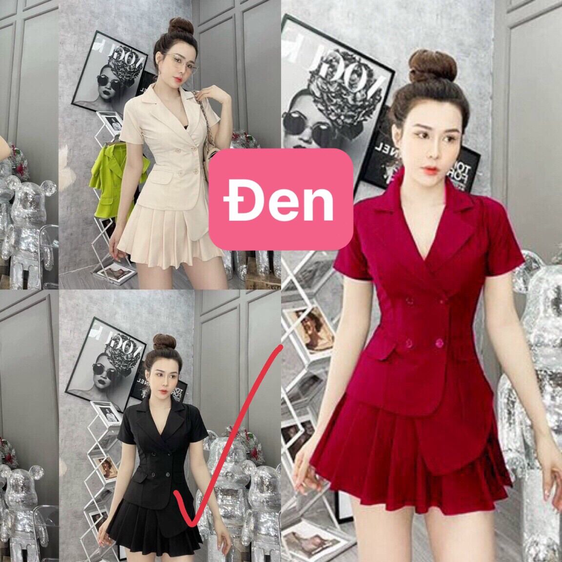 Set áo vest tà xéo + chân váy xếp li - sv301