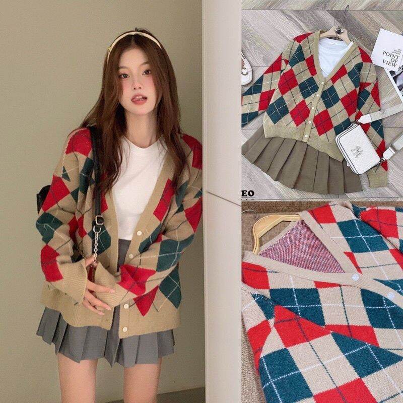 Áo cardigan len kẻ trám màu đỏ noel, Tết