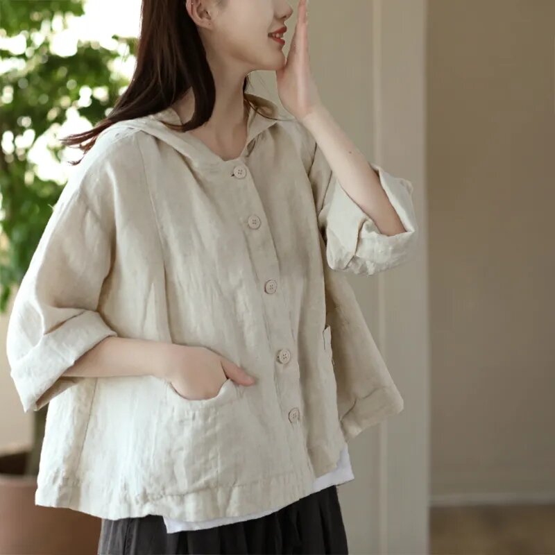 Áo Khoác Cardigan Cotton Lanh Rộng Rãi Mùa Xuân Hè Mỏng Thường Ngày Có Mũ Trùm Đầu Dài Tay Áo Khoác 