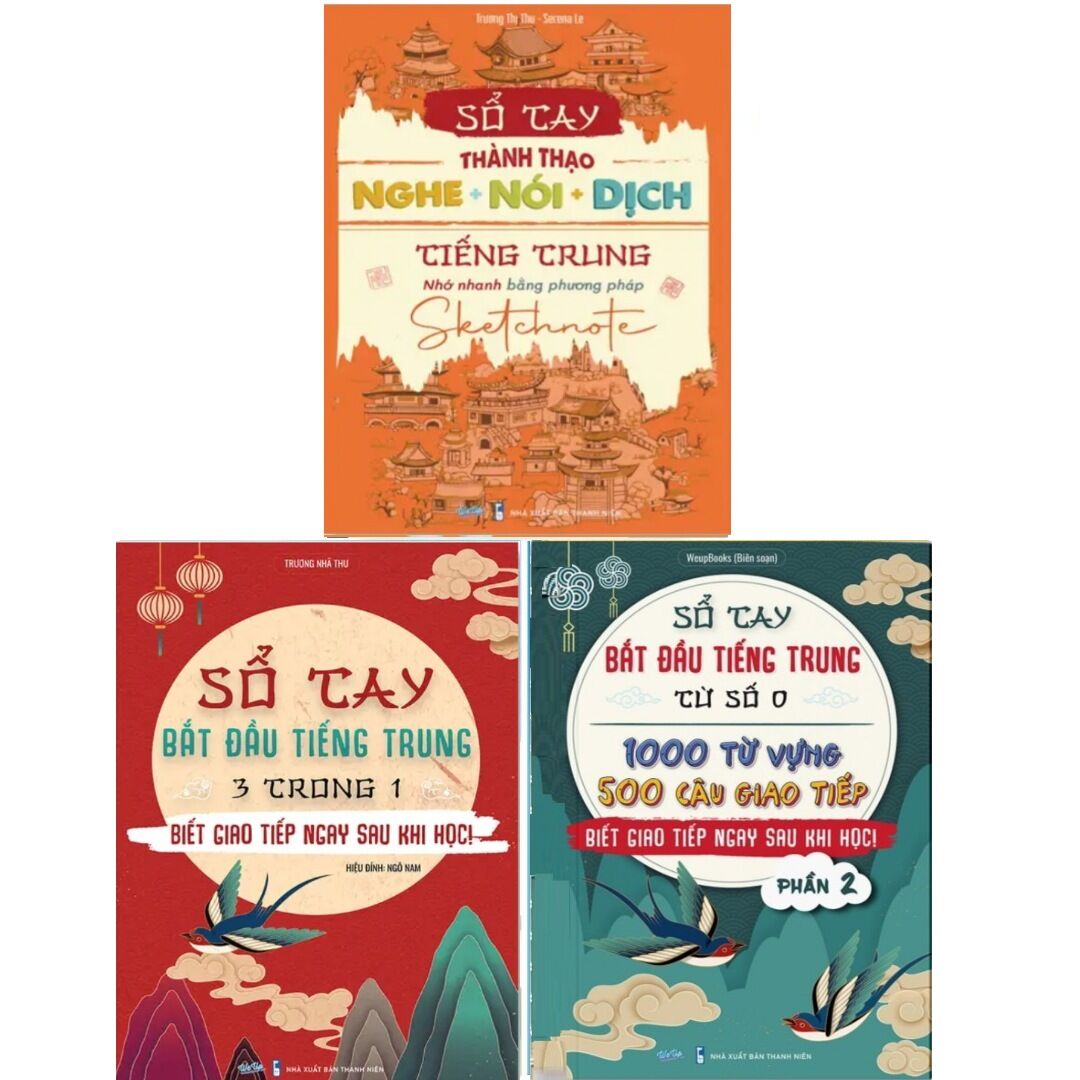 Combo 3 cuốn sổ tay bắt đầu tiếng trung 3 trong 1, sổ tay bắt đầu tiếng trung từ số 0 & sổ tay thành thạo nghe nói dịch tiếng trung