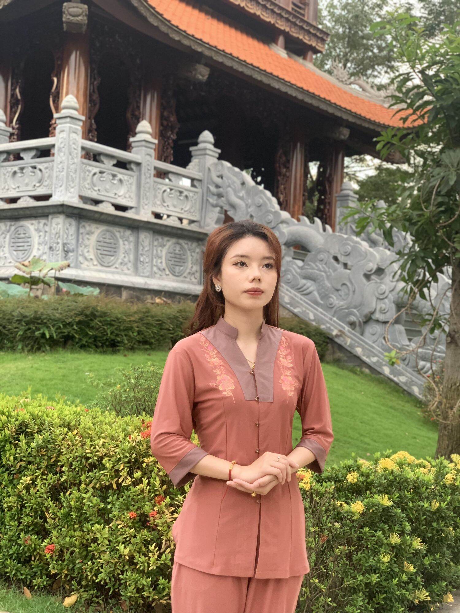 ĐỒ LAM ĐI CHÙA MẪU NỮ THUN PHỐI CHỮ Y LOẠI 1