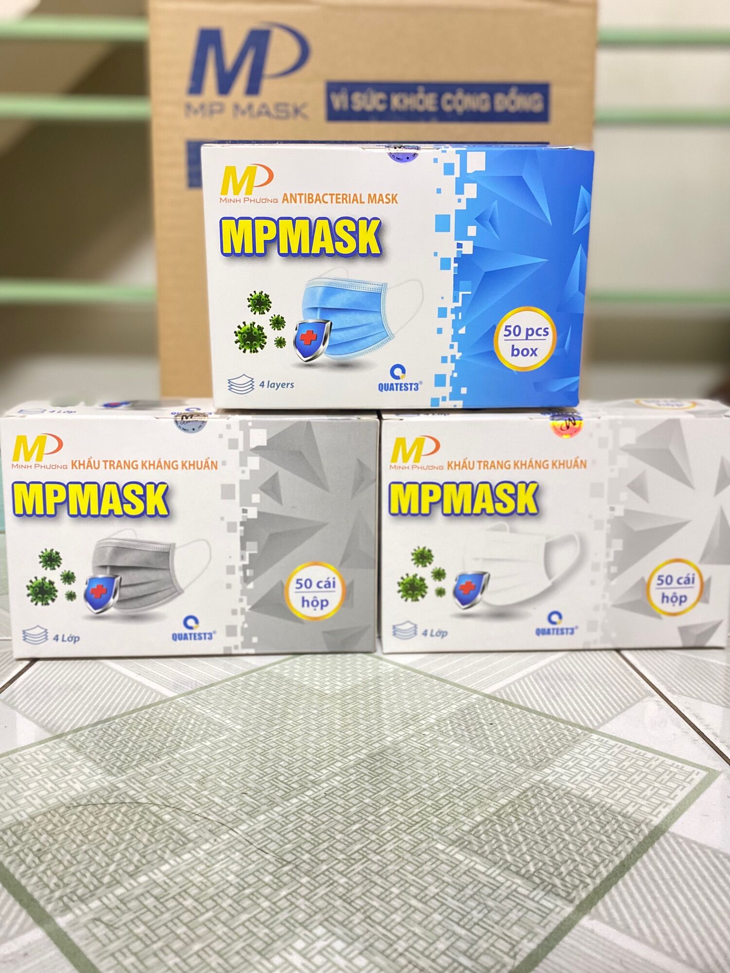 Khẩu trang y tế 4 lớp, kf94 minh phương mp mask- 3 màu trắng, xanh, xám