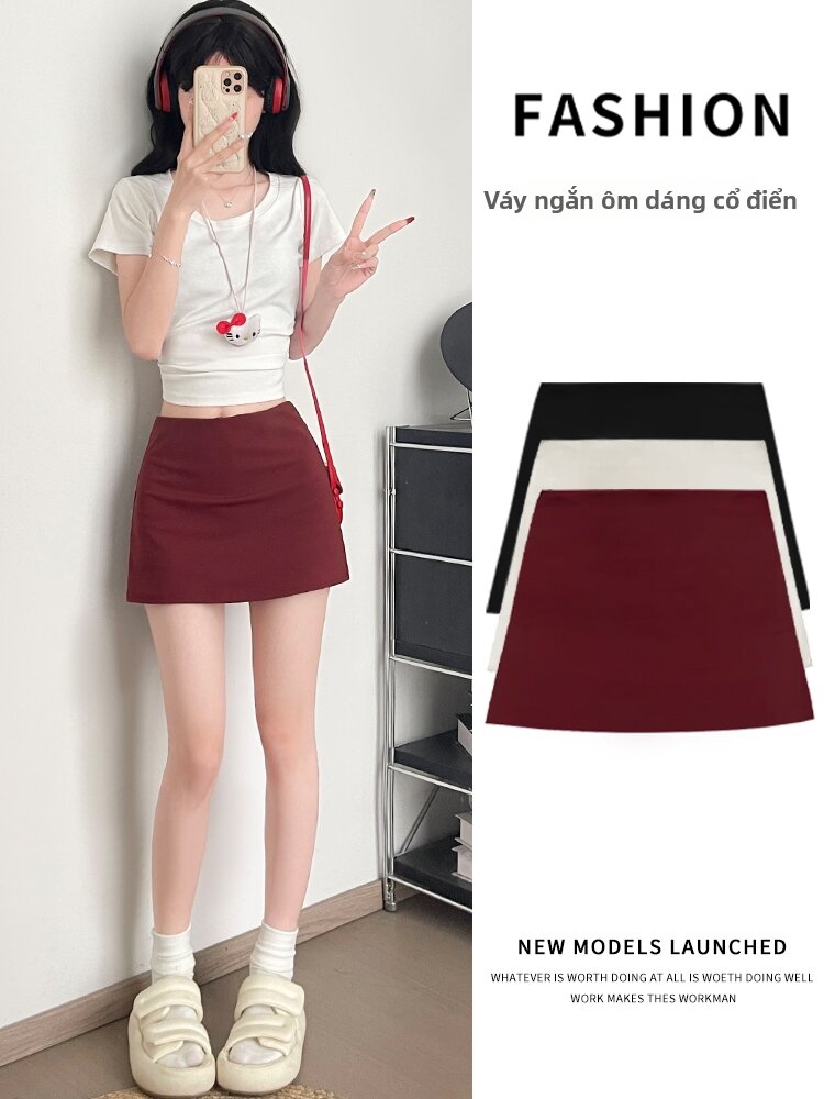 YISOF | Chân Váy Bút Chì A-Line Cao Waist Phong Cách Mỹ Vintage Đỏ