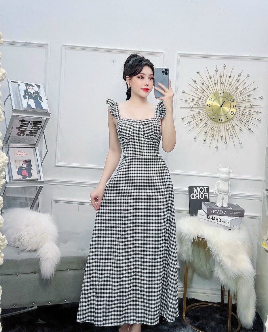 Đầm maxi caro cánh tiên có mút.